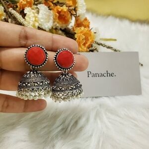 Ornate Red Stone Silver Earrings